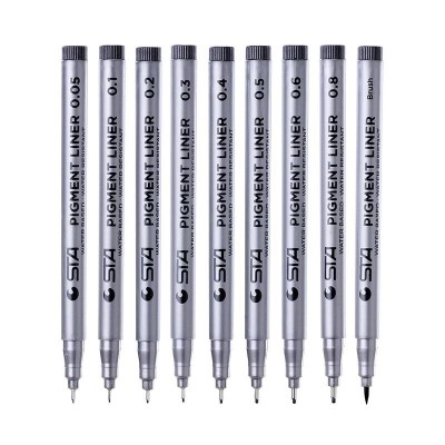 Set Of 9 Black Different Tip Micro Pen Waterproof Archival Ink Brush Calligraphy Fineliner Pens