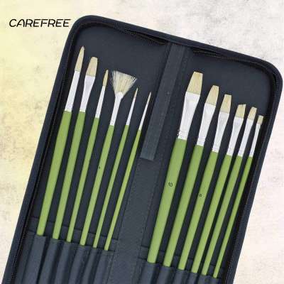 12-Piece Long Handle Bristle Hair Artist Oil Paint Brush Set Green Handle