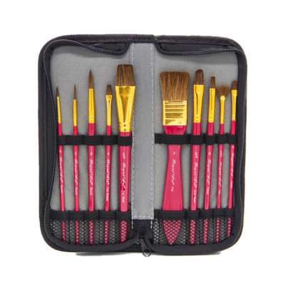 ROYAL-ART Artist Paint Brush Set of 10 Different Shapes with Pony Hair Short Handle Brushes Round Edeal For Watercolor & Gouache